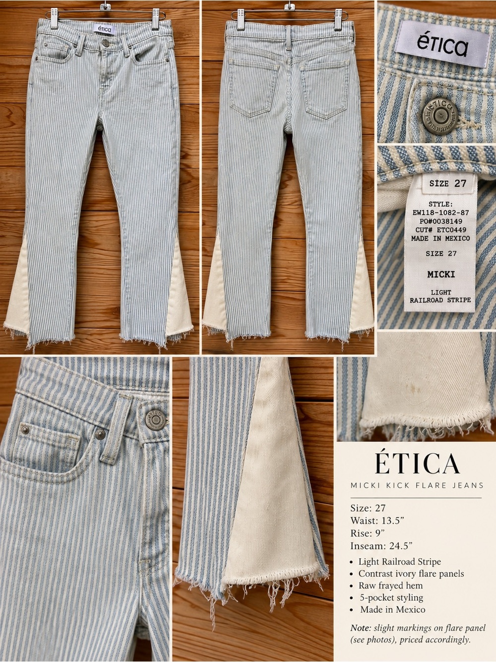 Ética Micki Kick Flare Jeans Size 27 Railroad Stripe Contrast Raw Hem